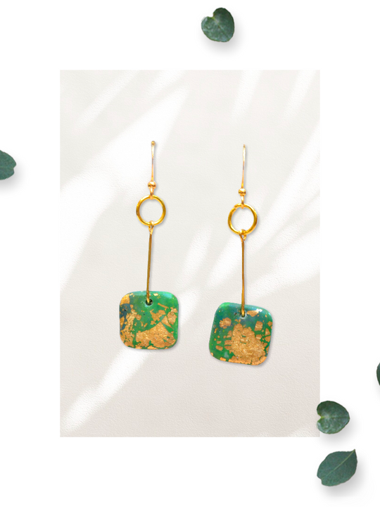 Forest Green and Gold Drop Square Pebble Polymer Clay earrings with Gold Leaf Resin Overlay