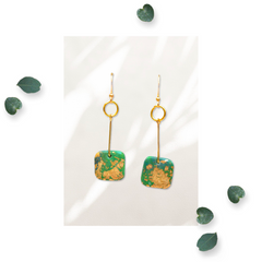 Forest Green and Gold Drop Square Pebble Polymer Clay earrings with Gold Leaf Resin Overlay